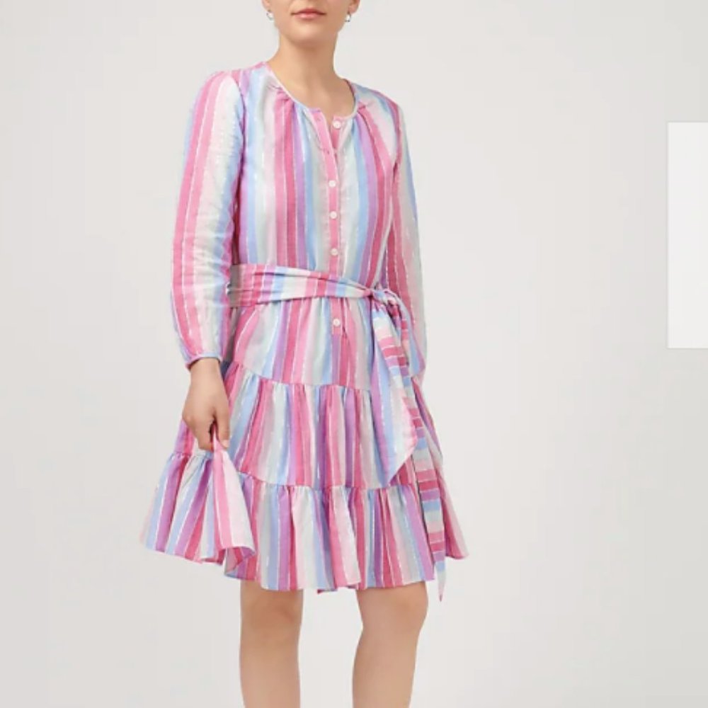 Belted button-up dress in pastel stripe